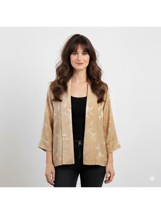 Vintage Jackets & Blazers - Vintage Warm Beige Silky Brocade Open Kimono Robe Jacket - Small